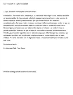 Texto de la carta de renuncia del Dr. Pupo Casas.